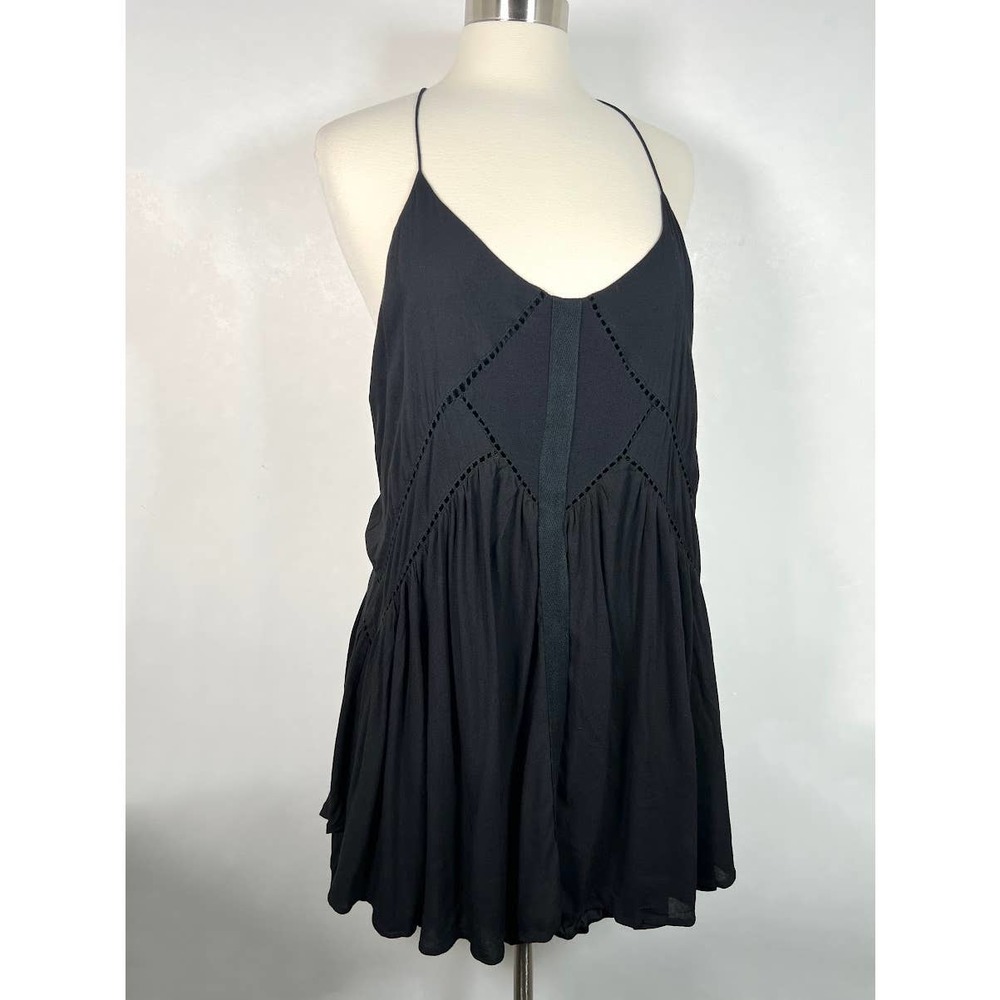 Three of Something Boho Spaghetti Halter Mini Dress 6 Black Racerback Hi-Lo